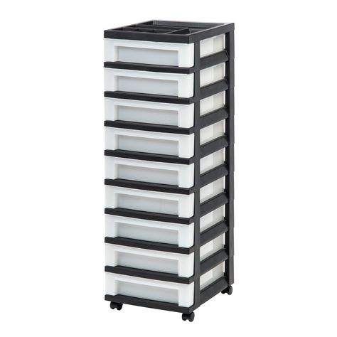 "Buy IRIS Black 9-Drawer Storage Cart with Organizer Top at Michaels. com. This 9-drawer cart in black offers spacious deep drawers and holds everything from craft supplies to reams of paper, so your space stays tidy. Is your desk overrun with sloppy stacks of paper? Too much clutter in your craft space? This 9-drawer cart can help you get organized in no time. Nine spacious deep drawers hold everything from craft supplies to reams of paper, so your space stays tidy. Each drawer accommodates 8.5 Organisation, Craft Space, Automotive Garage, Cube Drawers, Plastic Organizers, Plastic Storage Drawers, Drawer Cart, Rolling Storage Cart, Rolling Storage