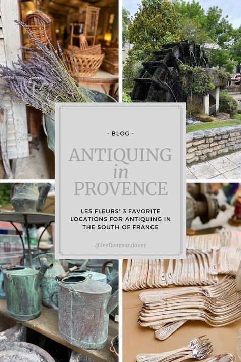 This picture is made up of 4 images: top left is dried lavender in an antique zinc bucket with wicker baskets in the back, top right a watering wheal with moss growing on it, bottom left: oxidized watering cans that are grey and blue, bottom right: vintage silverware.  Discover our three favorite locations to find vintage treasures in Provence, south of France. Antique gardening and french country home decor style. Street markets, flea markets, marché des puces, brocantes and more! French Decorating Ideas Provence France, French Flea Market Style, Provence France Travel, Garden Concept, French Country Home Decor, French Market Bag, Plant Arrangements, French Life, French Flea Market