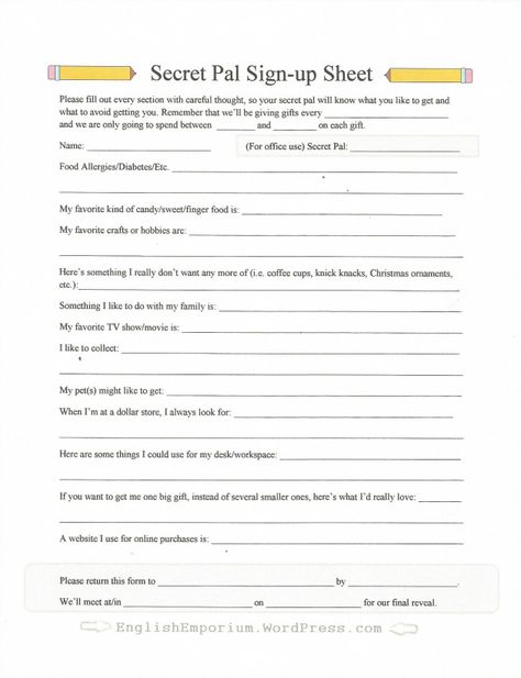 Secret Buddy Questionnaire, Secret Pals For Teachers, Secret Staff Buddies, Secret Pal Questionnaire For Coworkers, Secret Pal Ideas, Secret Pal Questionnaire, Teacher Workroom, Secret Santa Questions, Secret Santa Form