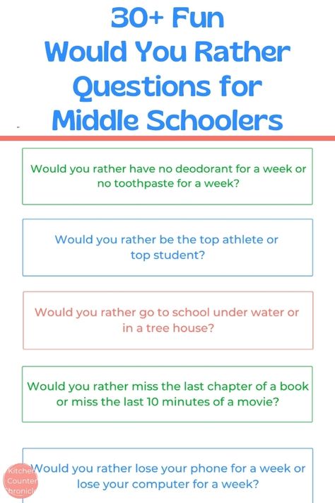 Funny would you rather questions for middle school kids. The kids are going to have a blast debating these would you rather questions! #wouldyouratherquestions #funnywouldyouratherquestions #wouldyouratherquestionsforkids #funwouldyouratherquestions #hardwouldyouratherquestions #wouldyouratherquestionstweens #middleschoolicebreaker #gamesfortweens Would You Rather For Middle Schoolers, Would You Rather For Students, Middle School Class Games, This Or That Questions Middle School, Substitute Teacher Middle School, Conversation Starters High School, Middle School Mentoring Activities, Health Lessons For Middle School, Middle School Detention Ideas