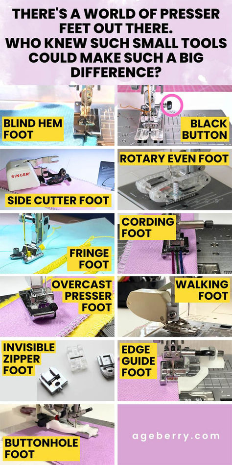 different types of sewing machine feet, what they are and how to use guide Tela, Types Of Sewing Machines, Sewing Foot Guide, Sewing Machine Feet Guide Cheat Sheets, Presser Foot Guide, Serger Tension, Sewing Machine Feet Guide, Sewing Machine Cover Diy, Sewing Classes For Beginners