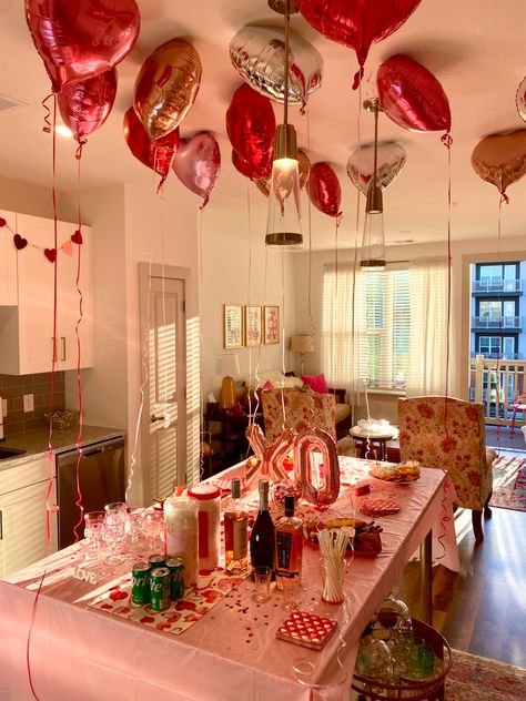 Galentines Party Decor Apartment, Garden Party Galentines, Valentine Night At Home, Galentines Party Girls Night Aesthetic, Valentines Cocktail Party, Galentines Party Balloons, Galentines Dinner Table Set Up, Cozy Galentines Party, Galentines Party Food Ideas Healthy