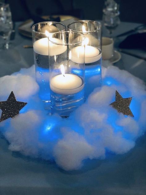 Star Night Theme Party, Celestial Theme Centerpieces, Starry Night Flower Centerpieces, A Night With The Stars Theme, Twinkle Little Star Baby Shower Table Centerpieces, Starry Night Table Decorations, Twinkle Wedding Theme, On Cloud Nine Party Decor, Star Moon Centerpiece