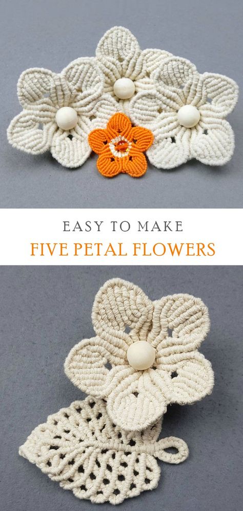 How To Make A Five Petal Decorative Flower Macrame Flower Tutorial Free Pattern, How To Make A Macrame Flower, Macrame Flower Tutorial How To Make, Easy Macrame Flower Tutorial, How To Make Macrame Flowers, Macrame Flower Pattern, Diy Macrame Flowers Tutorial, Macrame Flowers Diy, Easy Macrame Wall Hanging Pattern