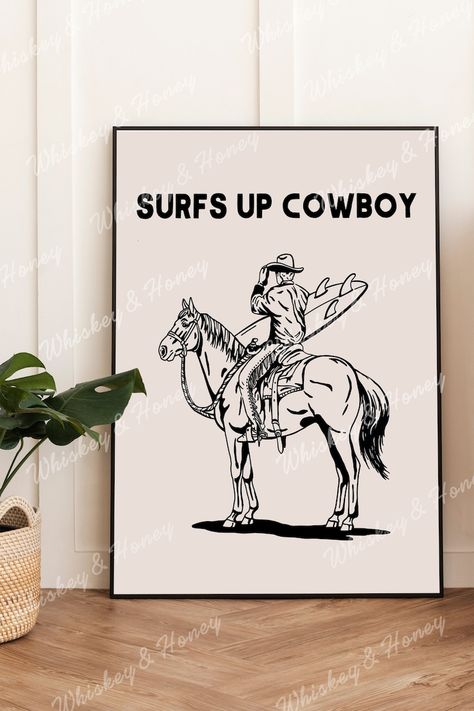 Surfs Up Cowboy, Cowboy Posters, Retro Style Posters, Cowgirl Art, Trendy Apartment, Apartment Art, Deco Retro, Coastal Cowgirl, Cowboy Art