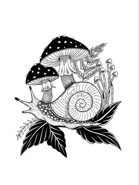 Art Inspiration Mushroom, Snail Mushroom Drawing, Tattoo Mushroom Small, Mushroom And Fern Drawing, Mushroom Snail Art, Mushroom And Snail Drawing, Mushrooms And Flowers Drawing, Snake And Mushroom Tattoo, Nature Tattoos Aesthetic