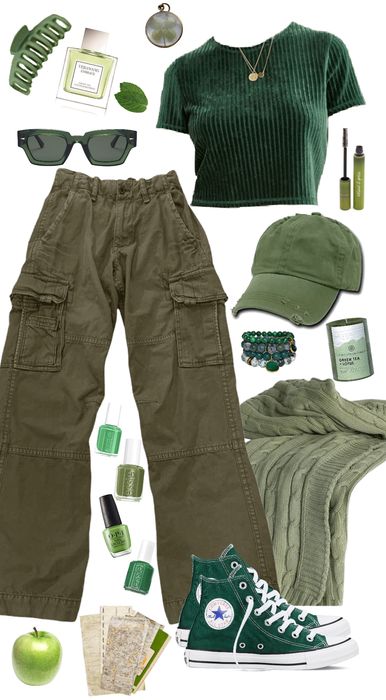 Tomboy Green Outfits, Tmnt Outfits Aesthetic, Chemistry Lab Outfit, Current Style Trends 2024, Grunge Colorful Outfit, Color Core Outfits, Casual Outfits Layout, Earth Themed Outfits, Dark Green Pants Outfit Aesthetic