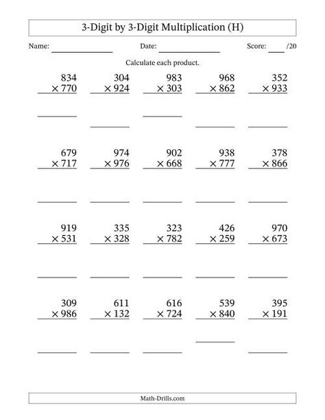 The Multiplying 3-Digit by 3-Digit Numbers (H) Math Worksheet Multiplying 3 Digits By 3 Digits, Multiplication 3 Digits By 3 Digits, Three Digit Multiplication Worksheets, 3 Digit Multiplication Worksheets, Aa Worksheets, Long Multiplication Worksheets, Long Multiplication, Thanksgiving Math Worksheets, Money Math Worksheets