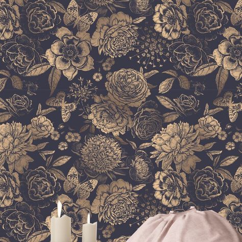 French Country Decorating, Dark Bathroom Wallpaper, Hampton House, Wedding Salon, Dream Bath, Metallic Wallpaper, Bathroom Wallpaper, Peel Stick Wallpaper, Dark Floral