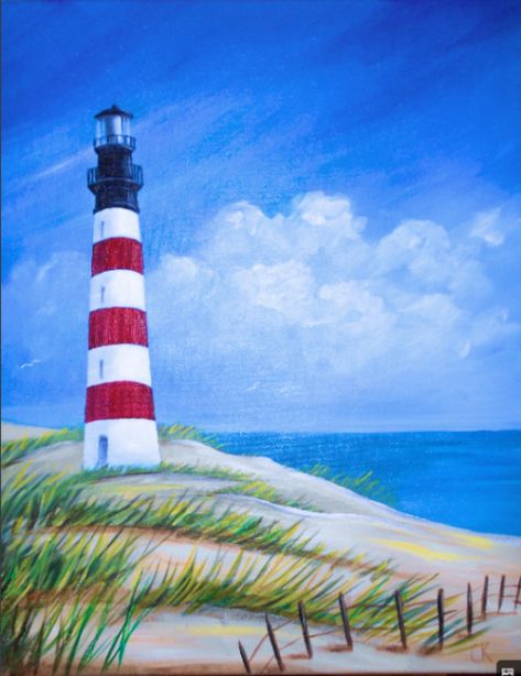 Lighthouse Painting, Lighthouse Art, Night Painting, Light House, Beginner Painting, Beach Painting, Painting Class, Beach Scenes, Pictures To Paint