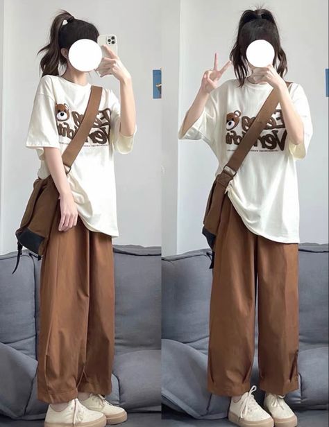 Women Asian Fashion, Asian Fits Aesthetic, Korean Street Fashion Female, Cute Korean Streetwear, Korean Fashion University, Brown Pants Korean Outfit, Korean Autumn Outfit Aesthetic, Spring Korean Outfit Casual, Comfy Outfits Aesthetic Korean