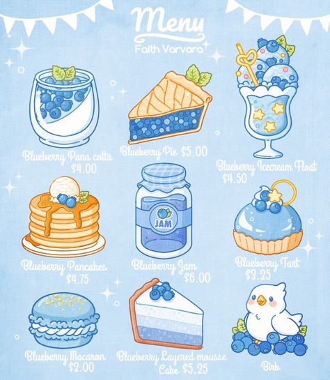 More blue menu illustration , If you didn’t know my favourite colour is blue!🌊 Faith Varvara, Seni Resin, Blue Menu, Menu Illustration, Hiasan Bilik Tidur, 귀여운 음식 그림, Desain Buklet, Arte Do Kawaii, Diy Sticker