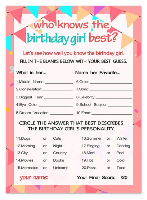 PRICES MAY VARY. 20 GAME CARDS: who knows the birthday girl best game for tween kids. Answer Sheet included for the birthday girl to fill out. EASY TO PLAY girl birthday party game: fill in the blank and multiple choice questions for friends to answer about the birthday girl. PREMIUM CARD STOCK: 5" x 7" who knows the birthday girl game cards are easy to write on with plenty of space for guests to write answers. FUN DESIGN: Double side print.Pink and purple birthday party theme. Add to your set o Birthday Girl Games, Girls Birthday Party Games, Birthday Party Game, Questions For Friends, Girl Games, Taylor Swift Birthday, Cute Birthday Ideas, Multiple Choice Questions, Fun Sleepover Ideas