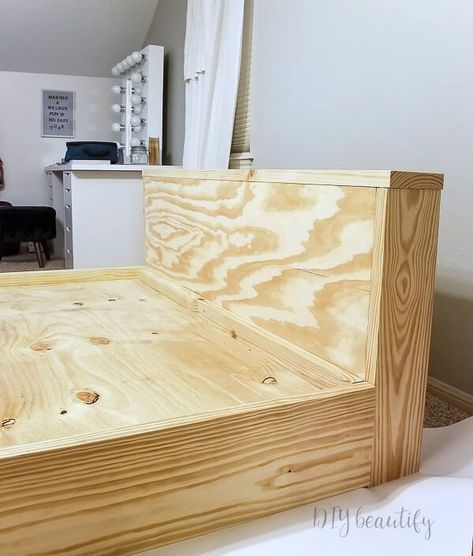 Build a modern platform bed for only $125! I'm sharing all the details for this Queen size bed at www.diybeautify.com. Diy Bed Frame Ideas Platform, How To Build A Full Size Bed Frame, Queen Sized Platform Bed, Handmade Platform Bed, Build A Bed Frame King Size, Diy Queen Bed Frame Platform, Cheap Diy King Bed Frame, Diy Bed Frames Queen, Platform Bed Couch