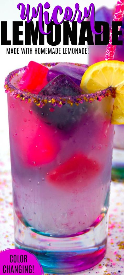 Unicorn Lemonade! This bright colored tasty drink is the perfect summer drink and lemonade recipe for anyone who is a fan of Unicorns! Bright colors and a fruity flavor make this Unicorn Lemonade Recipe made with homemade lemonade one that is super fun and super tasty! #midgetMomma #Lemonade #unicorn #drink #UnicornDrink #UnicornLemonade #Summer #Recipes Drinks Virgin, Unicorn Lemonade, Unicorn Recipes, Comfort Drinks, Boba Party, Kids Drinks Party, Unicorn Drink, Easy Lemonade Recipe, Lemonade Slushies