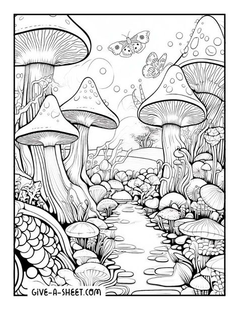 Surreal mushroom forest coloring page. Fantasy Mushroom Forest Drawing, Forest Colouring Page, Mushroom Journal Page, Mushroom Coloring Pages Free Printable, Fairycore Coloring Pages, Mushroom Colouring Pages, Trippy Mushroom Coloring Pages, Mushroom Forest Drawing, Woodland Coloring Pages