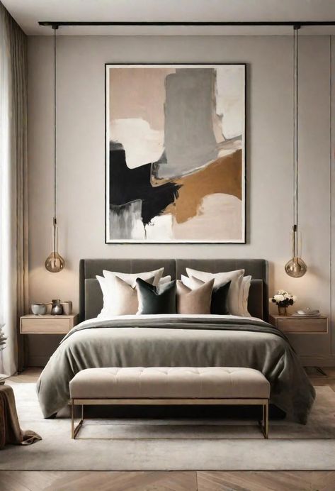 Contemporary Main Bedroom, Small Modern Bedroom Ideas For Couples, Hotel Room Bedding, Modern Home Decor Ideas Bedroom Master Suite, Modern City Bedroom, Gender Neutral Adult Bedroom, Minimalist Guest Bedroom Ideas, Bedroom Ideas With Wallpaper Accent Wall, Neutral Masculine Bedroom