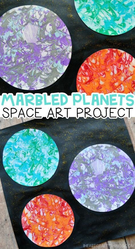 Replicate the surface of planets with this preschool space craft using a unique marbled painting technique! Space Crafts Preschool, Planets Preschool, Outer Space Crafts, Planets Activities, Space Theme Preschool, Space Art Projects, Planet Crafts, Space Activities For Kids, Space Lessons
