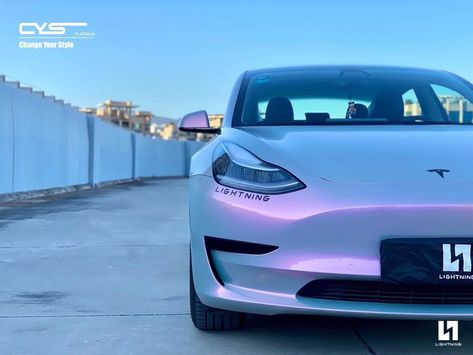 Tesla Model 3 Car Wrap, Holographic Wrap Car, Tesla Model 3 Wrap Pink, Pink Wrapped Tesla, Opal Car Wrap, Car Vinyl Wrap Ideas, Tesla Wrap Cars, Tesla Model Y Wrapped, Model Y Wrap Tesla