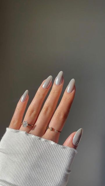 Shimmery Grey Nails, Rhode Grey Chrome Nails, Rhode Gray Chrome Nails, Charcoal Grey Chrome Nails, Grey Chrome Nails Designs, Sheer Gray Nails, Sheer Grey Nails, Grey Glazed Nails, Gray Nails With Chrome