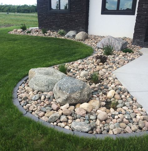 Rock Garden Bed, River Rock Landscaping, Stone Landscaping, Small Front Yard Landscaping, Rock Garden Design, Rock Gardens, Front Landscaping, Rock Garden Landscaping, Front House Landscaping