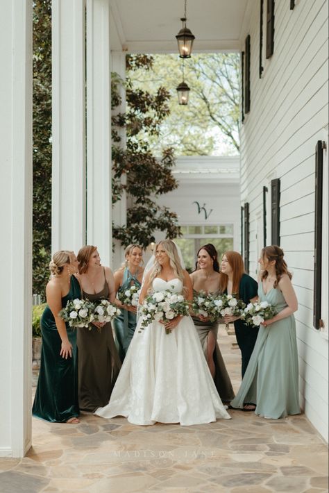 Mismatched green bridesmaids dresses wedding photos birdy grey Bridesmaids Dresses Green Mismatched, Mismatched Bridesmaid Dresses Blue Green, November Wedding Green, Greenery Wedding Bridesmaids Dresses, Mismatch Bridesmaid Dresses Fall, Blue And Green Bridal Party, Different Green Bridesmaid Dresses, Mismatched Bridesmaid Dresses Green, Green Mix And Match Bridesmaid Dresses