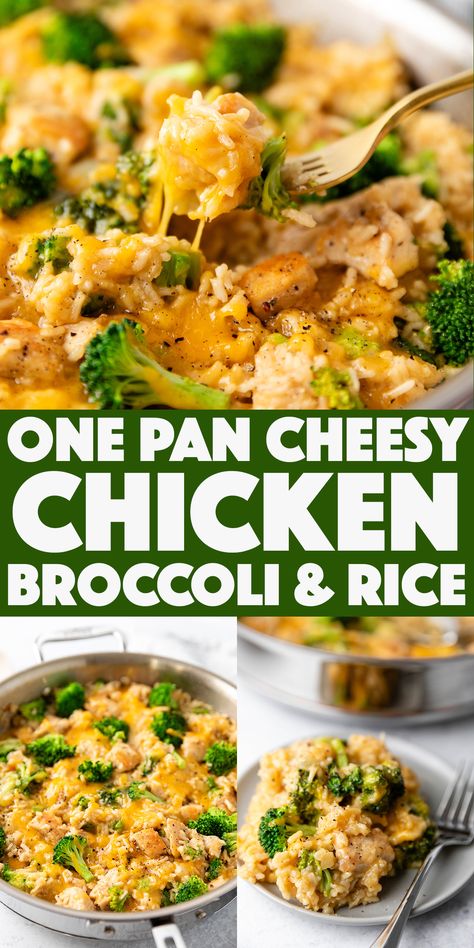 One Pan Cheesy Chicken Broccoli and Rice - one pot comfort food that is perfect for any night of the week. Boneless, skinless chicken breasts cooked in one skillet with flavorful rice and fresh broccoli, topped with extra sharp cheddar cheese. Essen, Chicken Rice And Broccoli Recipes, Simple Easy Chicken Dinner Recipes, Chicken Breast And Broccoli Recipes, Chicken Lunch Meal Prep, Easy Cheap Dinners For Two, What To Make With Chicken Breast, Chicken With Broccoli Recipes, Chicken One Pot Meals