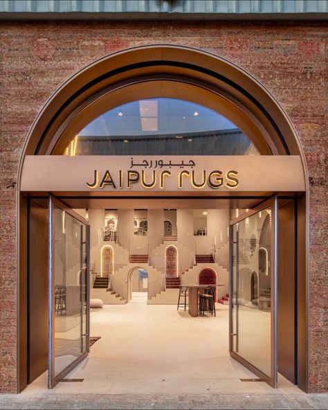 The Jaipur Rugs Dubai showroom is designed with reference to India's stepwells. Carpet Shop Interior Design, Carpet Store Showroom, Rug Store Design, Jaipur Interior Design, Carpet Showroom Design, Showroom Design Architecture, Carpet Showroom, Nubian Style, Aditi Gupta