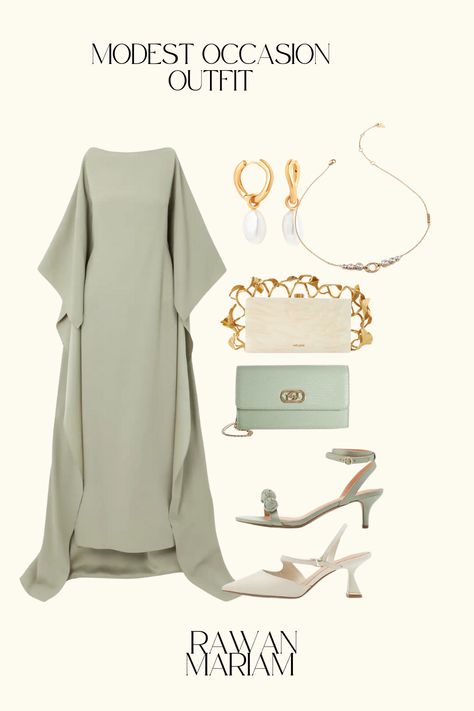 this cute modest outfit of a green kaftan is a perfect occasion dress, wedding guest outfit or Eid Modest Wedding Guest Outfit, Green Kaftan, Dress For Wedding Guest, Modest Outfit Inspo, Modest Outfit, Cute Modest Outfits, Dress For Wedding, Dress Wedding Guest, Modest Wedding