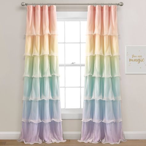 Pastel Rainbow Curtains, Spare Room Playroom, Kids Pastel Bedroom, Muted Rainbow Bedroom, Pastel Nursery Girl, Pastel Rainbow Room Decor, Child Bedroom Ideas, Rainbow Room Ideas, Rainbow And Unicorn Bedroom