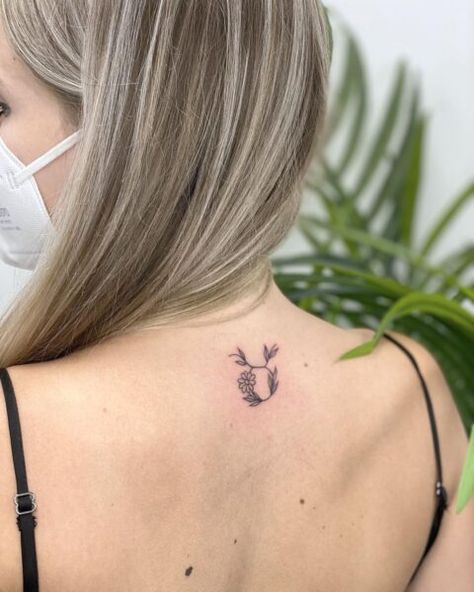 Taurus Vine Symbol Back Tattoo - tattooness Taurus Neck Tattoo, Taurus Inspired Tattoos, Taurus Fine Line Tattoo, Symbol Back Tattoo, Taurus Back Tattoo, Small Taurus Tattoo For Women, Taurus Tattoo Minimalist, Minimalist Taurus Tattoo, Small Taurus Tattoo