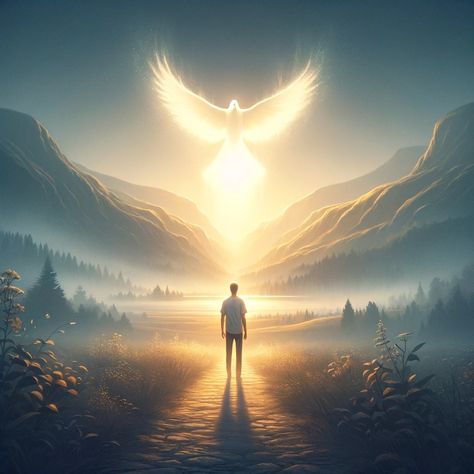 An image symbolizing the essence of 2 Timothy 1:7, focusing on overcoming fear with the Holy Spirit's power. The scene depicts a serene landscape, possibly at dawn, with a faint representation of the Holy Spirit in the form of a dove hovering above. In the foreground, a person stands facing a path that leads towards a light, symbolizing guidance and courage. The light is warm and inviting,... Christian Images Faith, Courage Pictures, 7 Spirits Of God, Love In Bible, Holy Spirit Images, Images Of God, Holy Spirit Art, Jesus Love Images, Come Holy Spirit