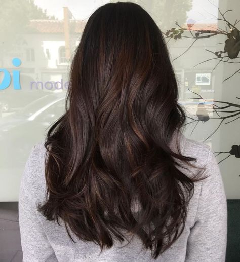 Black Hair with Subtle Brown Balayage Dark Chocolate Hair Color, Tree Parts, Balcony Cafe, Chocolate Brown Hair Color Ideas, Dark Chocolate Hair, Dark Chocolate Brown Hair, Chandelier Wood, Pelo Cafe, Decorative Chandelier