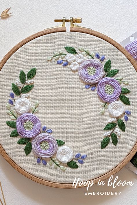 Lilac and white floral wreath embroidery PDF pattern. #floralwreath #wreathembroidery #modernembroidery #lilacembroidery Embroidery Lilac Flowers, Embroidery Lilac, Cake Embroidery, Floral Wreath Embroidery, Lilac Embroidery, White Floral Wreath, Floral Hand Embroidery, Wreath Embroidery, Beaded Flowers Patterns