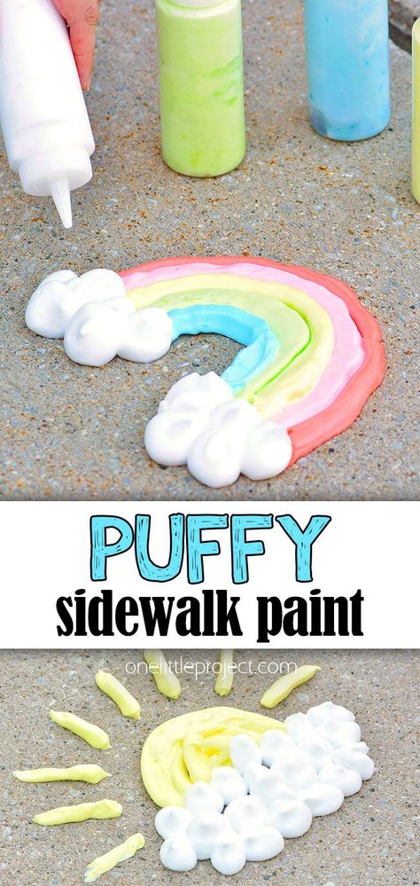 This puffy sidewalk paint is SO FUN to paint with and so easy to make! It's such a great outdoor craft for summer, and kids will love mixing their own paint and drawing outside. In less than 10 minutes you can make your own washable sidewalk foam paint using 3 simple ingredients. Such a fun kids craft for summer! Shaving Cream Painting Toddlers, Summertime Toddler Crafts, Painting Sensory Activities, Summer Activities For Daycare For Kids, Art Projects For Toddlers Easy Summer, Diy Summer Fun For Kids, Sidewalk Puffy Paint Recipe, Summer Fun Ideas For Kids Outdoor, Washable Paint Activities