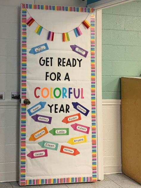 Door Chart For Preschool, Rainbow Wall Classroom, Door Decor For Kindergarten, Welcome Chart Ideas For Classroom, Colors And Shapes Door Decorations, Rainbow Theme Classroom Door, Kindergarten Classroom Door Decor, Back To School Bulletin Boards Preschool Classroom Ideas, Crayons Bulletin Board Ideas