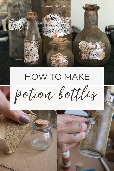 DIY Halloween Potion bottle craft Halloween Potion Decorations, Witch Halloween Diy Decorations, Fall Witchy Crafts, Wet Specimen Diy, How To Make Halloween Potion Bottles, Witches Coven Halloween, Wiccan Halloween Decor, Hocus Pocus Potion Bottles, Potion Bottle Decor