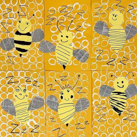 @amymcreynolds on Instagram: "KINDERCAMP mixed media collage bees. We had a fun three day camp for upcoming kindergarteners. Day 1 the kids explored printmaking to…" Bee Process Art, Bee Crafts Kindergarten, Bee Art For Kindergarten, Bees Arts And Crafts, Bees Kindergarten Activities, Bee Activity For Kids, Bee Collage Mixed Media, Paper Bees Diy, Bee Crafts For Kids Preschool