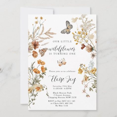 Create your own Invitation | Zazzle Wildflower First Birthday, First Birthday Theme Girl, Flower Birthday Party, Boho Wildflower, Wildflower Baby Shower, Wildflower Design, Baby In Bloom, Wild One Birthday Party, 1st Birthday Themes