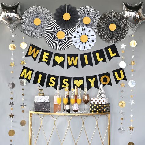 PRICES MAY VARY. We Will Miss You Decorations Kit Includes - 1 x "We Will Miss You" banner(You Don’t Need To ASSEMBLE BY YOURSELF),6 x Folding Paper Fans, 1 x 13ft Sparkling paper star garlands，2 x Star Shape Foil Balloons. (Color: Black, Gold, White and Silver) CELEBRATE IN STYLE - Unique and brilliant black-gold theme party decorations will give you a black and gold world. New upgraded, super-rich party decorations, enough to decorate your farewell party. Black-gold color can add an atmosphere Retirement Party Decorations For Women, 65 Birthday Decorations, Money Package, Farewell Decorations, Farewell Party Decorations, Happy Retirement Banner, Retirement Banner, Birthday Decorations For Women, Retirement Decorations
