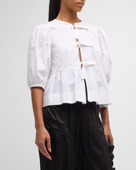 Ganni Poplin Front-Tie Peplum Blouse with Puffed-Sleeves | Neiman Marcus Women Short Sleeve Blouse, Couture, Ganni Peplum Blouse, Ganni Poplin Blouse, Ganni White Blouse, Ganni Tie Front Top, Linen Peplum Top, Ganni Peplum Top, Ganni Tie Top