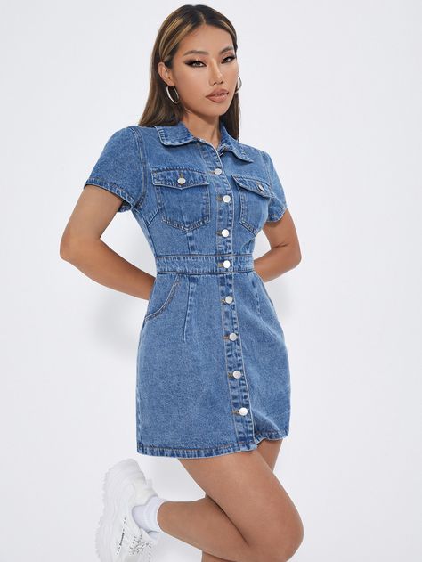 Short Denim Dress Outfit Summer, Denim Dress Sleeves, Short Sleeve Jean Dress, Jean Dress Short, Denim Dress With Sleeves, Denim Dress Accessories, Denim Button Down Dress, Denim Dress Short Sleeve, Denim Short Outfits Summer Casual