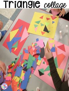 Triangle collages! P Pre K Shapes Activities, Infant Shape Activities, Triangles Preschool Activities, Teaching Triangles Preschool, Shape Collage Preschool, Triangle Activities For Kindergarten, Triangle Crafts For Preschoolers, Shape Triangle Activities, Preschool Triangle Activities