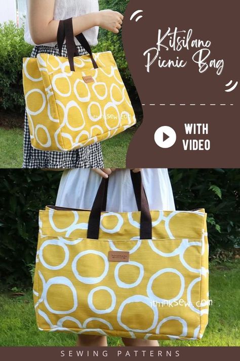 Kitsilano Picnic Bag sewing pattern (with video). This is a versatile and boxy tote bag to sew for picnicking and more! It has large and convenient pockets. It has lots of other uses, like for mothers it would make a great diaper bag sewing pattern or you could even take it to the beach as a beach bag. SewModernBags Patchwork, Couture, Tela, Flat Bottom Bag Sewing Pattern, Free Beach Bag Sewing Pattern, Easy Beach Bags To Sew, Picnic Bag Sewing Pattern, Large Bag Sewing Pattern, How To Make A Beach Bag