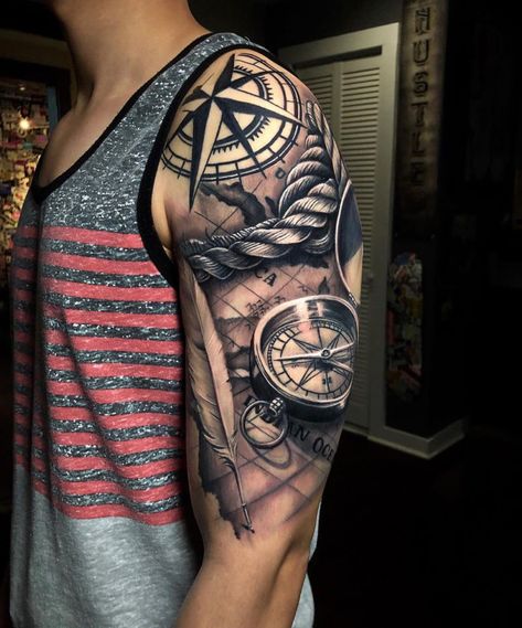Map & Compass Upper Arm Tattoo | Best tattoo design ideas Tattoo Placements, Kings Tattoo, Compass And Map Tattoo, Nautical Tattoo Sleeve, Tato Salib, Pirate Tattoo, Tato Lengan, Map Compass, Map Tattoos