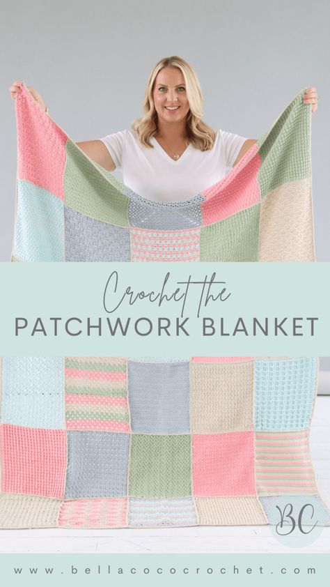 Patchwork Blanket - Bella Coco Crochet Patchwork, Crochet Blanket Stitch Tutorial, Blanket Stitch Tutorial, Beautiful Crochet Blanket, Crochet Patchwork Blanket, Bella Coco Crochet, Quick Crochet Blanket, Crochet Blanket Stitch, Crochet Blanket Stitches