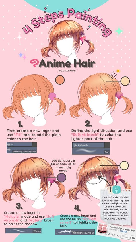 Easy Hair Shading Tutorial, Anime Hair Shine Tutorial, Anime Hair Reference Braids, Anime Hair Highlights Tutorial, Anime Hair Guide, Hair Shine Tutorial Drawing, How To Shade Brown Hair Digital, How To Draw Hair Color, Shading Anime Hair