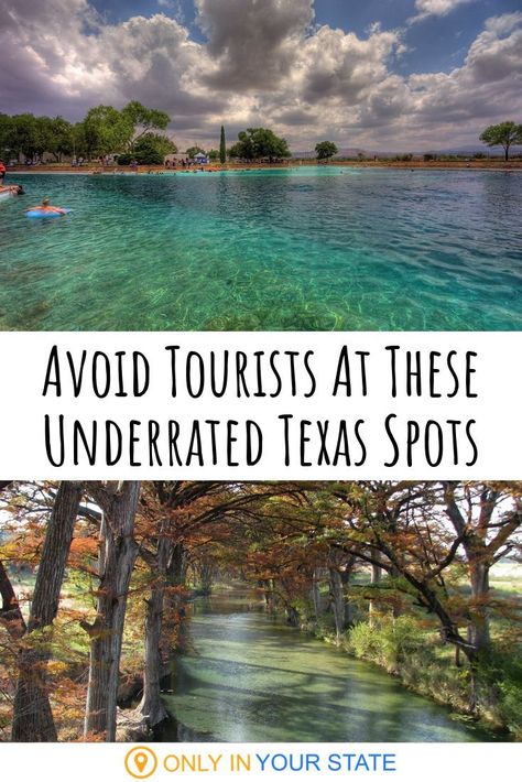 We've got so many can't miss destinations and attractions in Texas and they're all worth a visit, but sometimes you want to avoid the crowds. These terrific alternatives are less popular among tourists but just as amazing. | Canyons | Caverns | Beaches | Adventures | Day Trips | Natural Swimming Holes | State Parks | Hiking | Outdoors | Nature | Family Fun Texas Travel Weekend Getaways, Jacobs Well, Texas State Parks, Texas Adventure, Visit Texas, Texas Places, Texas Vacations, Travel Trailer Remodel, Lake Travis