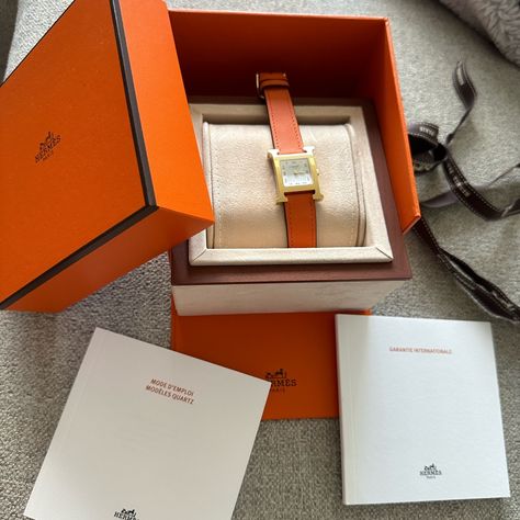 Brand New Hermes Watch Never Worn Hermes Bangle, Orange Watches, Hermes Watch, Hermes Bracelet, Hermes Orange, Hermes Jewelry, Hook Bracelet, Orange And Gold, Enamel Bangle