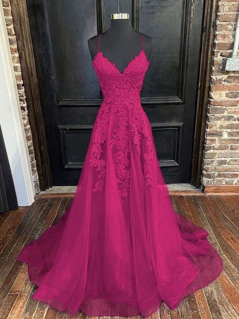 A-Line/Princess Tulle Applique V-neck Sleeveless Sweep/Brush Train Dresses - Hebeos Prom Dresses Magenta, Unique Prom Dresses 2023 Long, Magenta Prom Dresses, Pink Grad Dresses, Magenta Formal Dress, Dark Pink Prom Dress, Magenta Dresses, Magenta Prom Dress, Poofy Prom Dresses